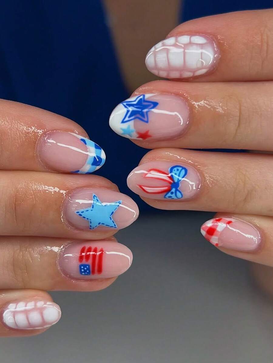 Resin Art Design - 24-Piece Red White Blue Patriotic Nail