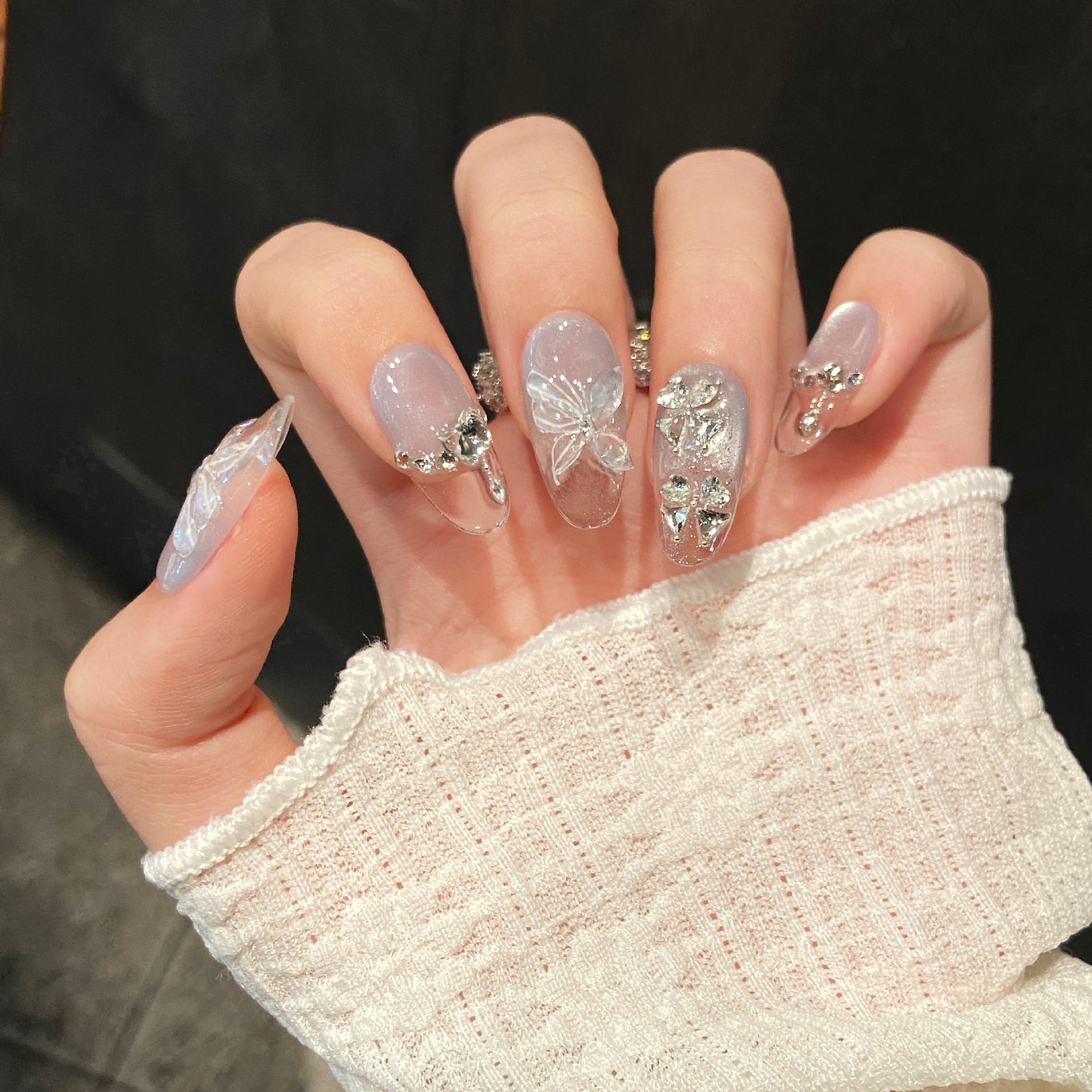 Resin Art Design - 10pcs Blue Oval Handmade Fake Nails